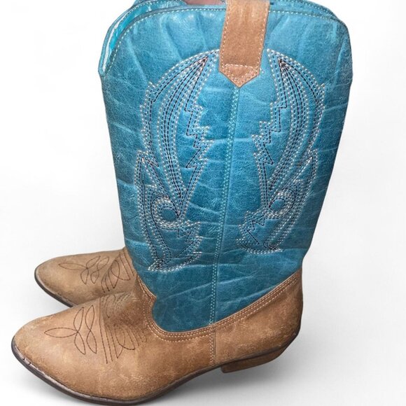 Turquoise and brown Cowboy Boots- Gaucho Style Labeled size 9 - Picture 1 of 4